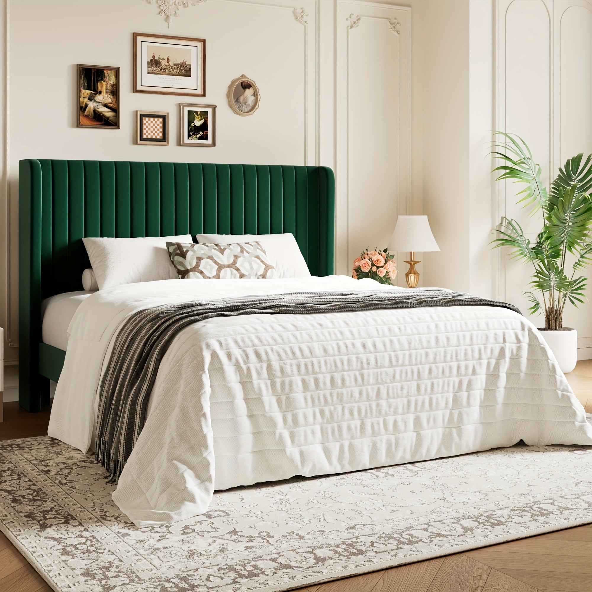 WEEWAY Wingback Velvet Upholstered Platform Bed Frame, Vertical Channel Tufted Headboard, Wooden Slats Support, Heavy Duty Mattress Foundation, No Box Spring Needed, Easy Assembly, Avabliable Full\u002FQueen\u002FKing Size, Free Shipping