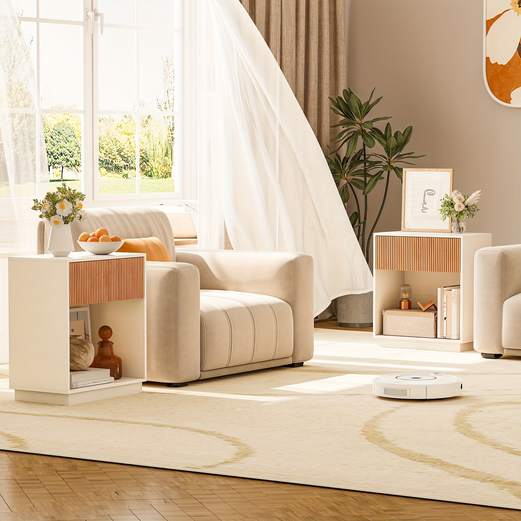 Set of 2 Modern Mid-Century White & Oak Fluted Nightstands - Bedside Tables with Drawer & Open Shelf, Particleboard &, Space-Saving End Tables for Bedroom, Living Room, Office, Sofa Side (Easy Assembly)