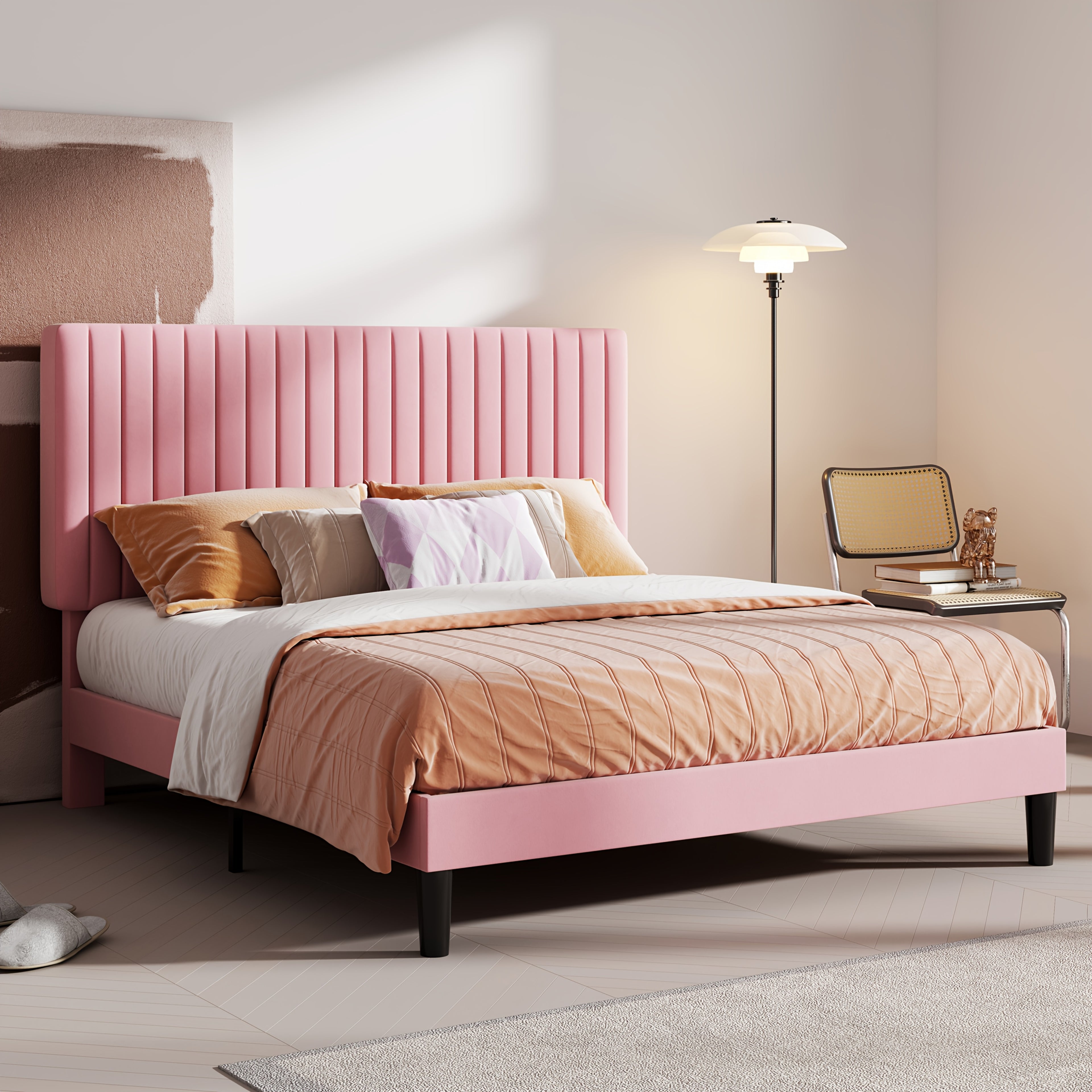 HOOMIC Velvet Upholstered Bed Frame with Adjustable Headboard, Contemporary Platform Bed Featuring Vertical Channel Tufting, Wooden Slats for Support, Optional Box Spring, Ideal for Home Bedroom Furniture, Free Shipping Available