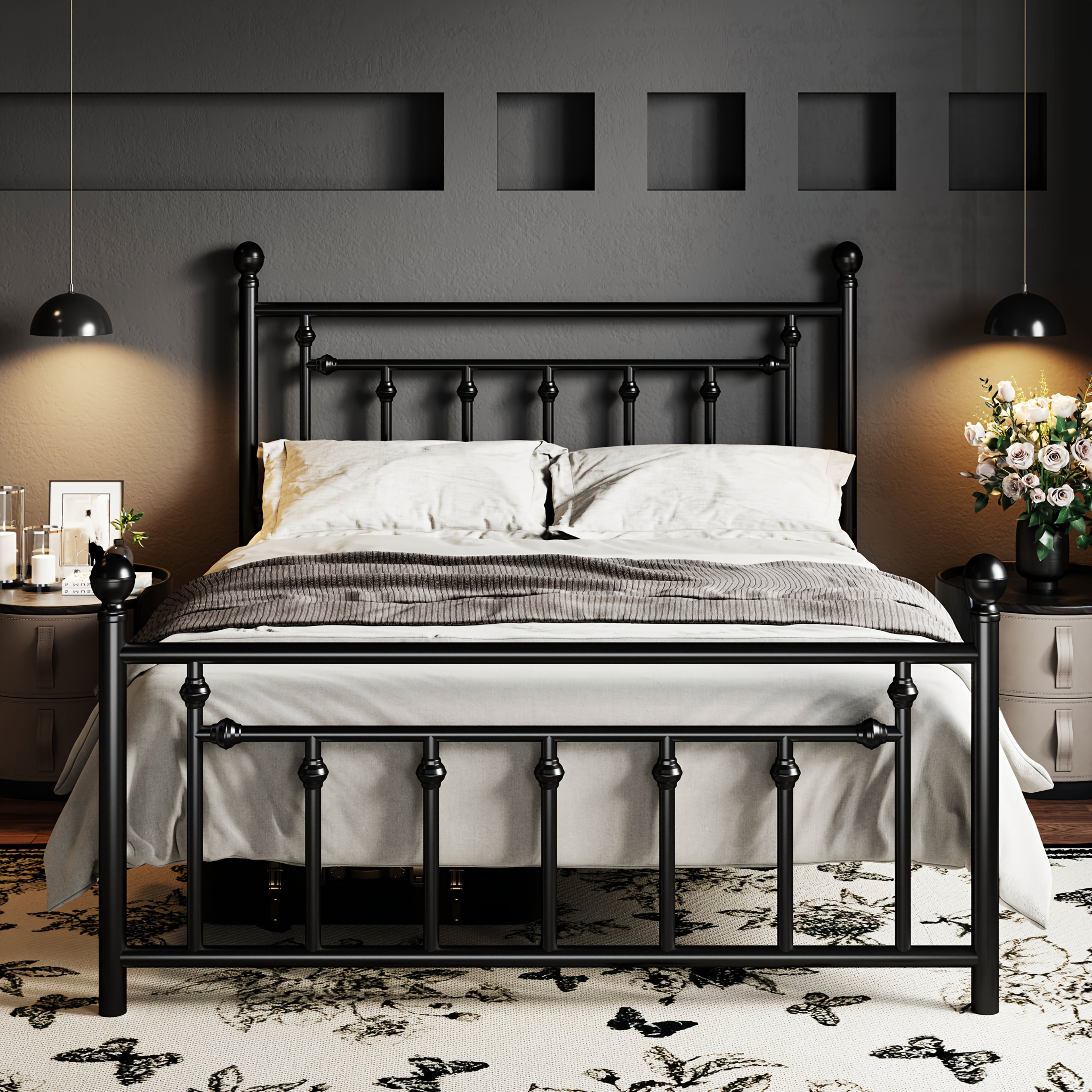 WEEWAY Modern Metal Platform Bed Frame, Vintage Iron-Art Headboard And Footboard, Under Bed Storage Space, No Box Spring Needed, Black\u002FWhite, Full\u002FQueen Size, For House To Live In, For Bedroom\u002FGuestroom, Free Shipping