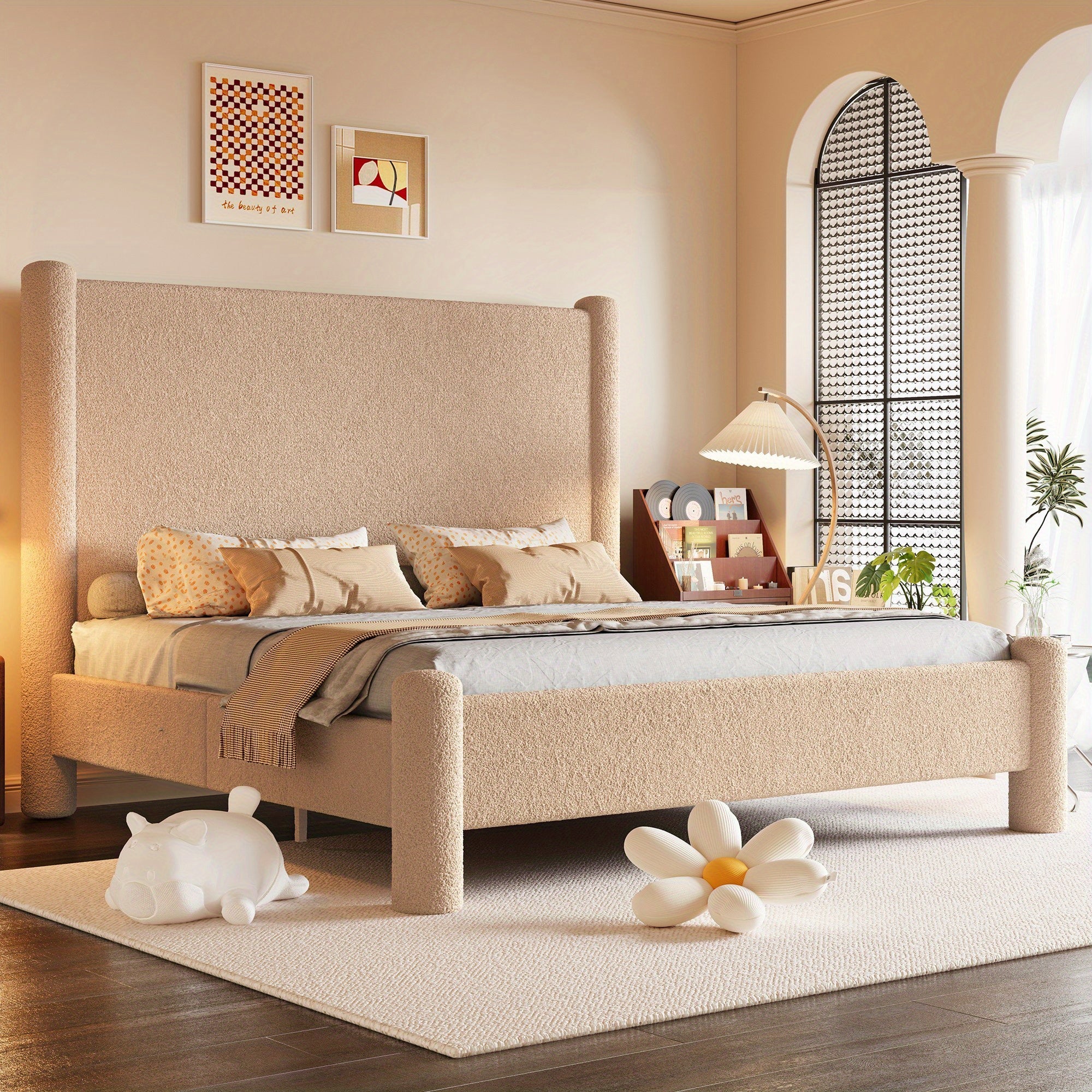 Contemporary Boucle Upholstered Bed Frame Featuring a Charging Station - Papajet Low-Height Platform Bed, to Assemble, No Box Spring Needed, Comfortable Bedroom Enhancement