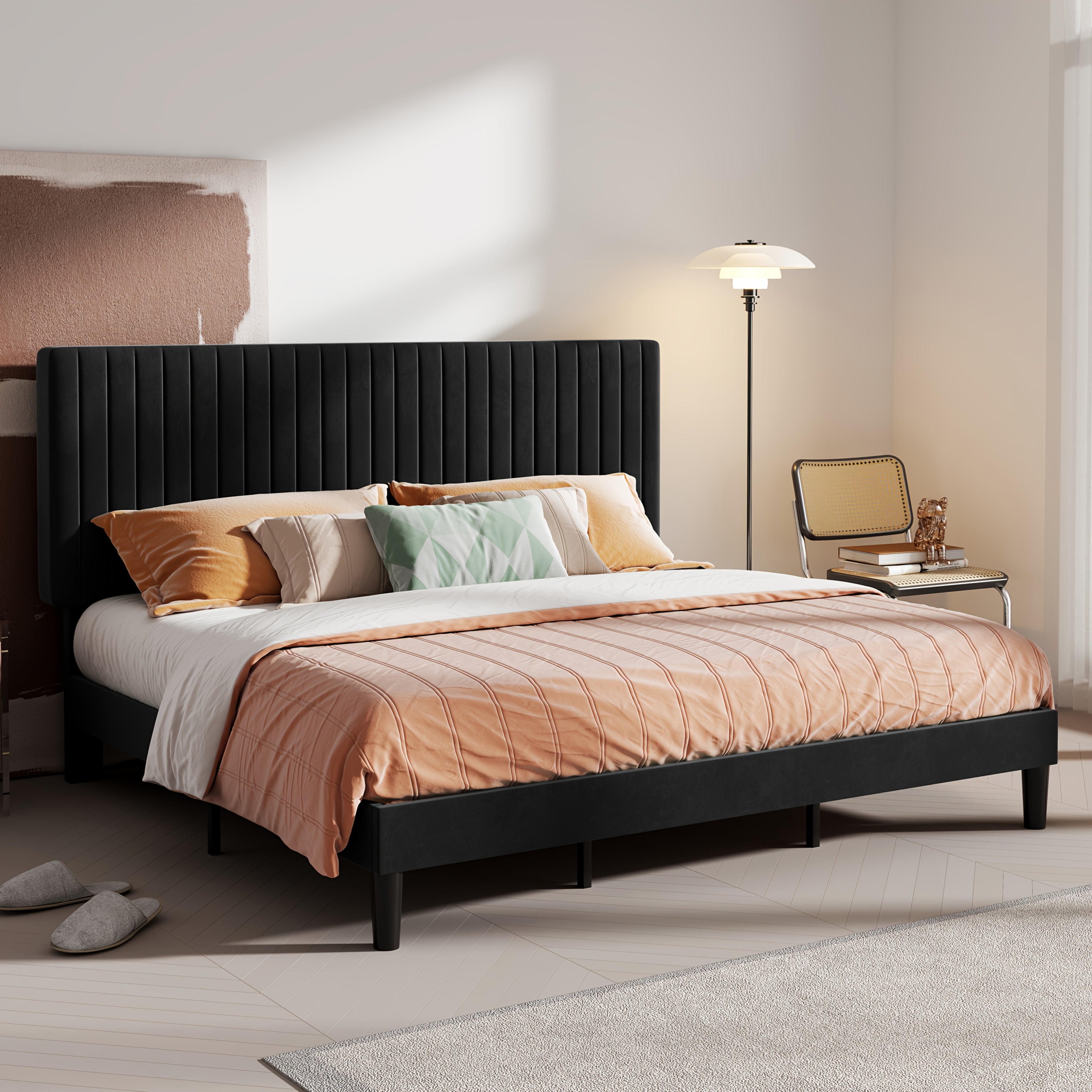 HOOMIC Velvet Upholstered Bed Frame with Adjustable Headboard, Contemporary Platform Bed Featuring Vertical Channel Tufting, Wooden Slats for Support, Optional Box Spring, Ideal for Home Bedroom Furniture, Free Shipping Available