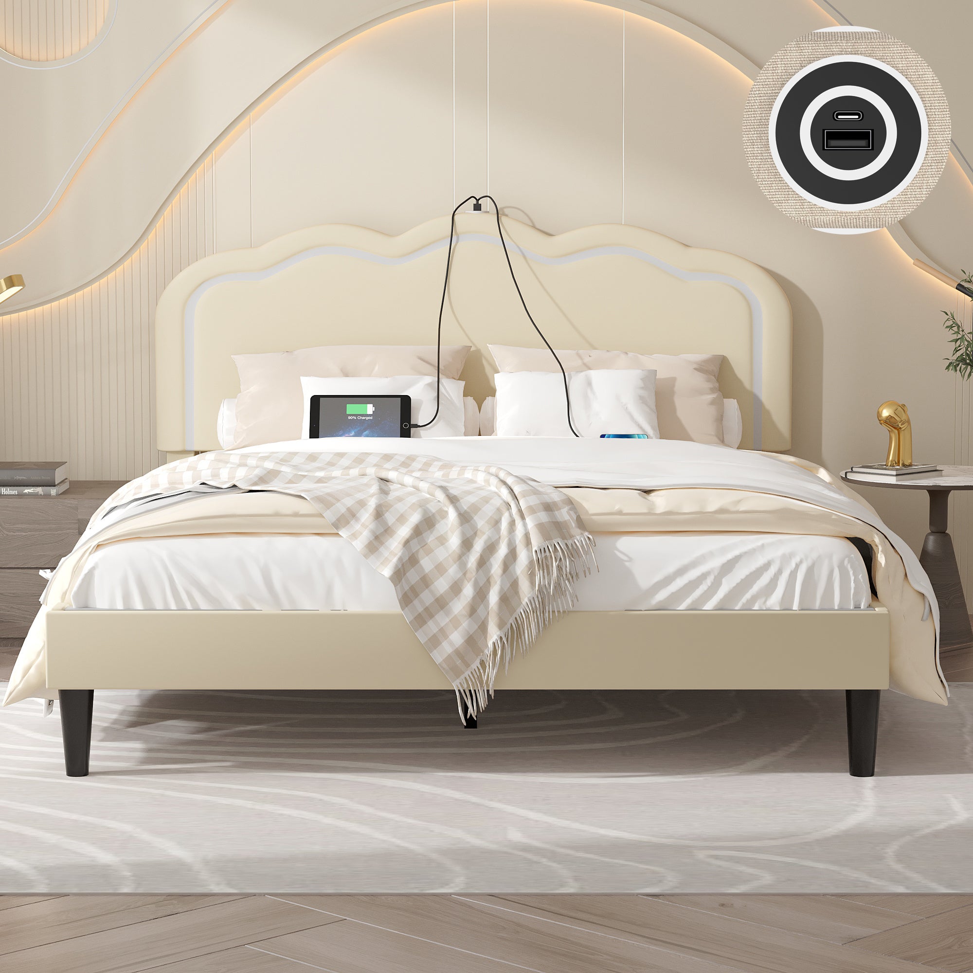 VECELO Twin\u002FFull\u002FQueen Size Upholstered Bed Frame with Headboard Adjustable, USB-A and Type-C, Wooden Slats Support, Beige