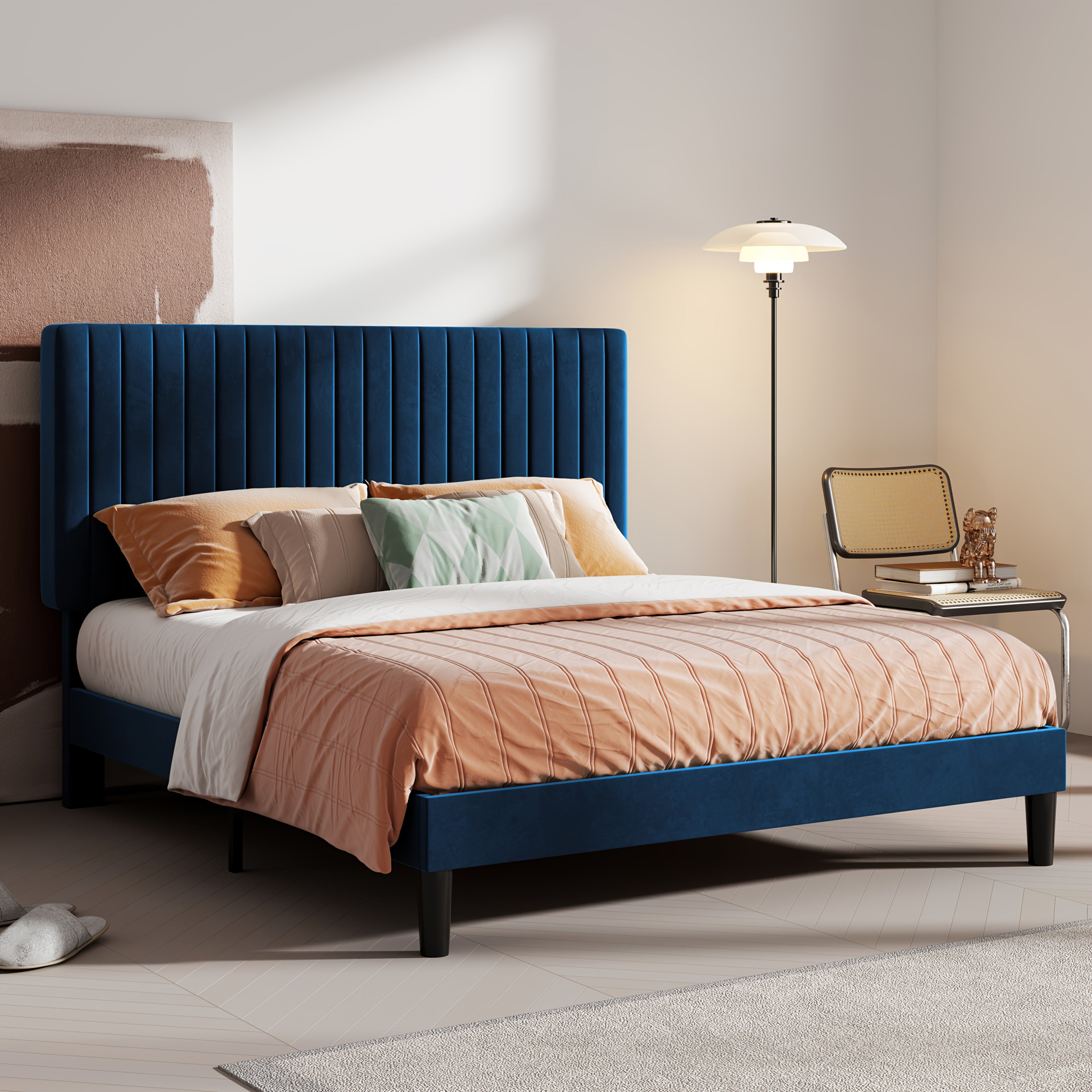 HOOMIC Velvet Upholstered Bed Frame with Adjustable Headboard, Contemporary Platform Bed Featuring Vertical Channel Tufting, Wooden Slats for Support, Optional Box Spring, Ideal for Home Bedroom Furniture, Free Shipping Available