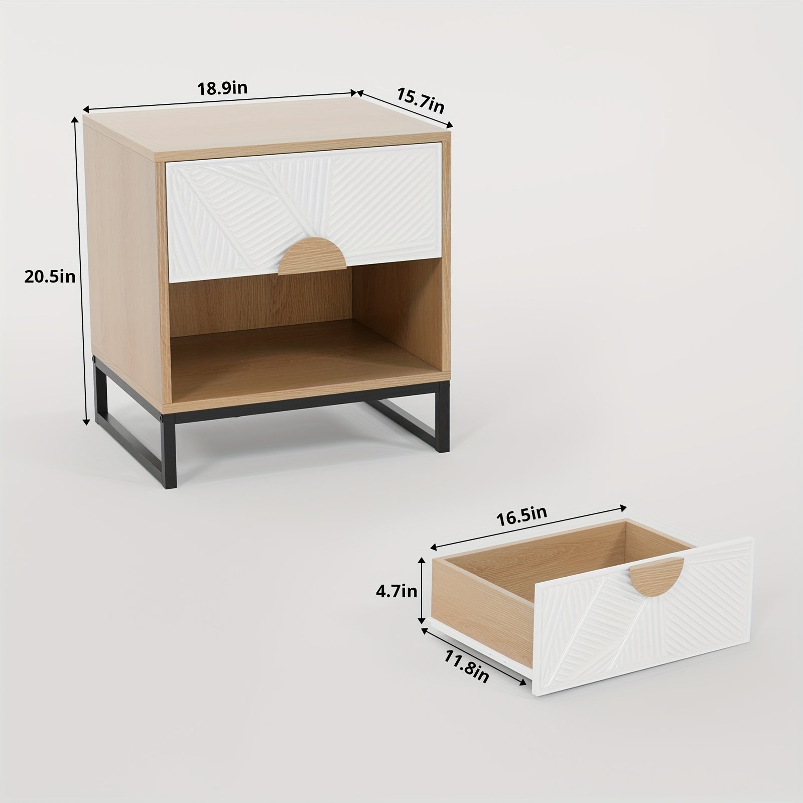 Mid-Century Modern Two-Drawer Nightstand with Carved White Textured Panels, Wooden Handles & Sturdy Metal Legs – 20.8\